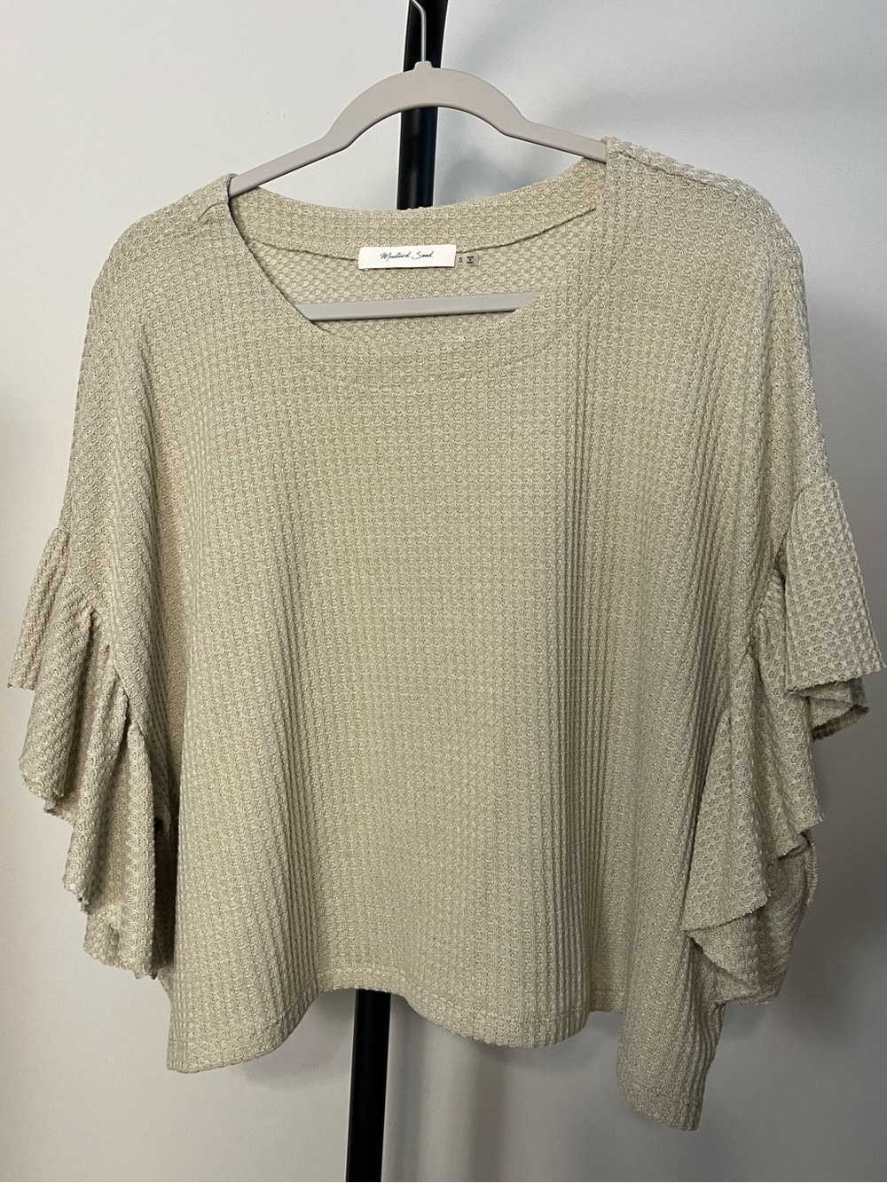 Mustard Seed Cream Waffle Knit Ruffle Sleeve Top
